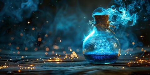 blue liquid in a glass bottle with a blue liquid inside of it and a blue smoke coming out of the top