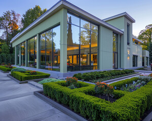 Low side angle of a modern luxury suburban house with soft sage green walls and expansive glass fronts, surrounded by neatly trimmed bushes and flower beds.