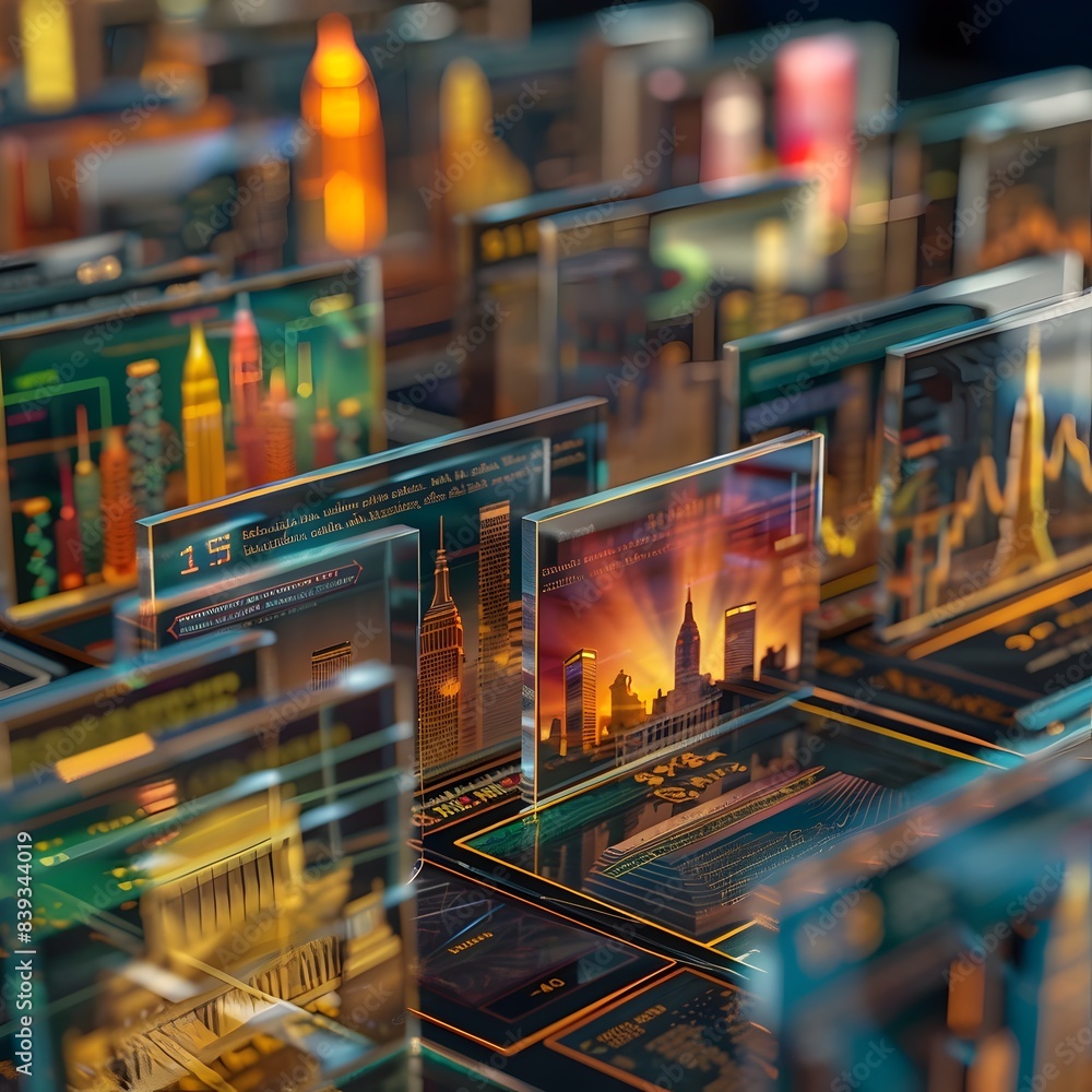 Poster futuristic index trading cards showcasing market data and performance metrics