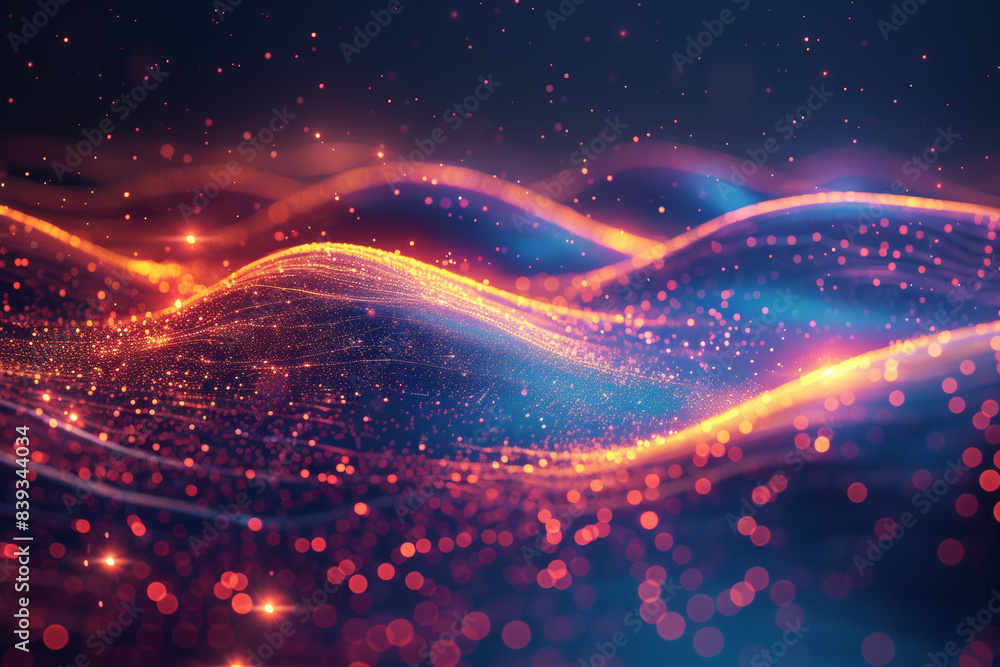 Poster abstract neon light waves and particles in a digital landscape. glowing futuristic background with v