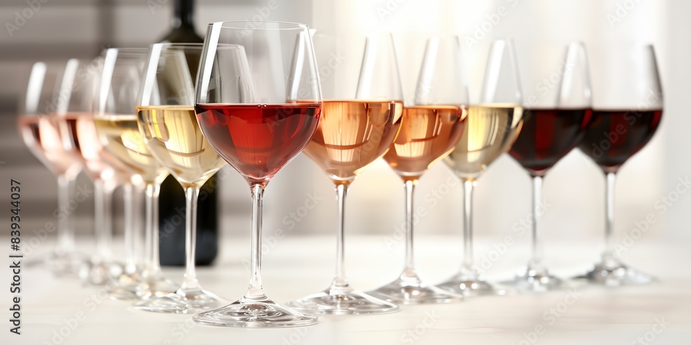 Aufkleber a row of wine glasses filled with different wines in front of a bottle of wine on a table top.