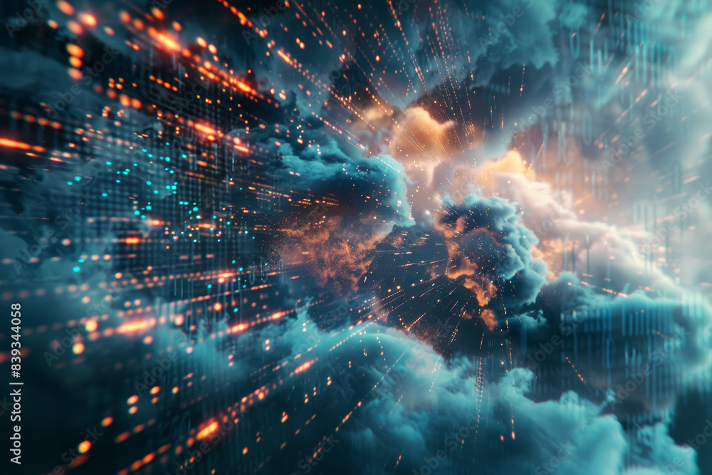 Poster abstract digital illustration blending clouds and data streams, showcasing a futuristic scenery with