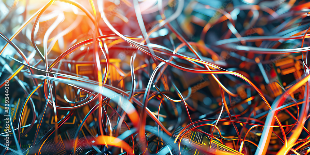 Poster the synthetic substrate: a tangled mess of wires and circuit boards, gleaming against a metallic bac