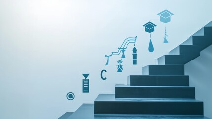 An image of a staircase with symbols of education and achievement on the steps to highlight the ascent to success through learning and self-development --no text --ar 16:9 --quality 0.5 Job ID