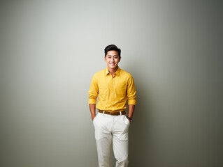 Fototapeta premium A joyful Asian man in yellow and white clothes against an isolated background