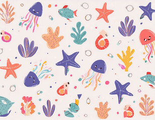 Create a pattern of sea creatures like octopuses, sharks, and corals in blue and white tones