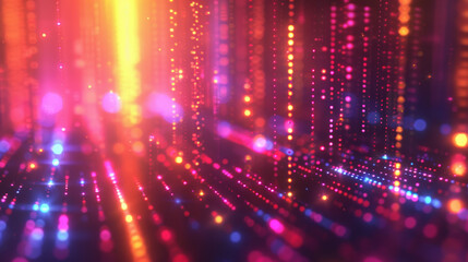 Naklejka premium Abstract neon light trails creating a vibrant, futuristic background with a spectrum of colorful glowing lines and bokeh effects in a dynamic design.