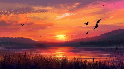 Fototapeta premium tranquil sunset landscape with silhouettes of flying birds against a vibrant orange and pink sky digital painting