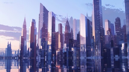 A striking skyline featuring towering skyscrapers, reflecting the modernity and urban landscape of a bustling city