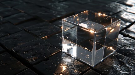 Fototapeta premium transparent glass cube reflecting light on black background abstract 3d render