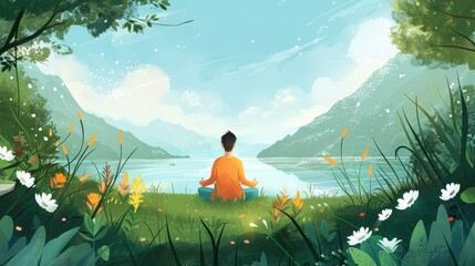 Fototapeta premium Mental Wellness Meditation in Serene Nature Setting by the Lake for Immunity Strengthening Practices