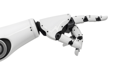 Robot hand pointing index finger, showing gesture, isolated on transparency background. technology of artificial intelligence , PNG cut out