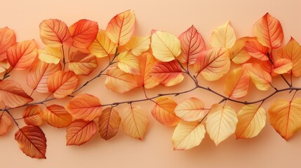 Close-up of autumn leaves on a peach background