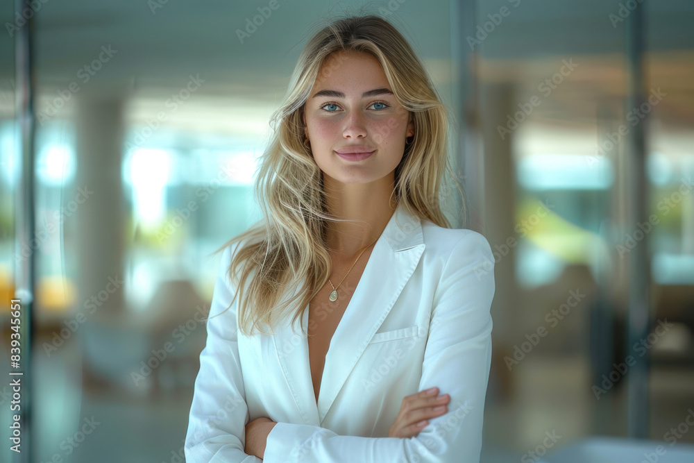 Wall mural Blonde businesswoman in white formal suit dress arms crossed in modern office