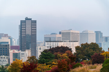Fortress wall of Seoul city leading up to Namsan Baekbeom Plaza with autumn colorful park, Seoul,  South Korea in autumn season