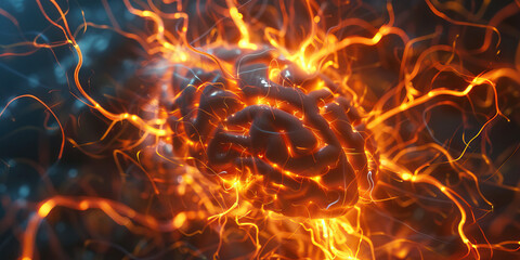 Fototapeta premium Neural Network Nexus: A swirling vortex of glowing tendrils, forming a complex network in the shape of a brain, pulsing with energy.