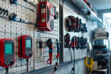 Car Diagnostic Tools and Devices on Wall Rack in Professional Garage Setting