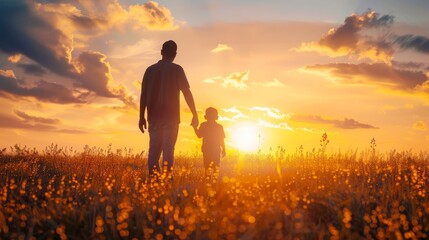 Father son holding hands walking together. Childhood and parenting concept. Fathers Day concept 