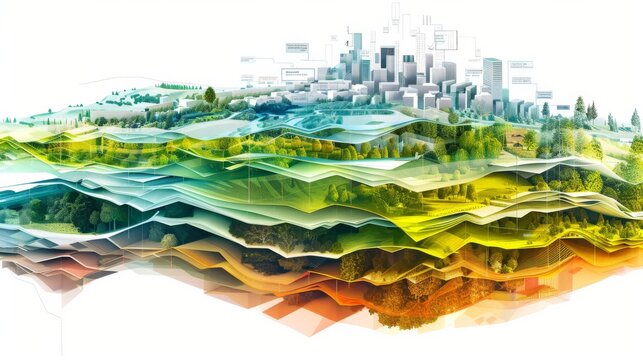 a geometric diagram showing various surfaces of an european landscape with many transparent layers, in the style of luminous landscapes, white background, isometric, city vistas with , cartelcore, lum