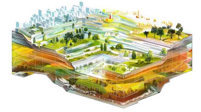 a geometric diagram showing various surfaces of an european landscape with many transparent layers, in the style of luminous landscapes, white background, isometric, city vistas with , cartelcore, lum