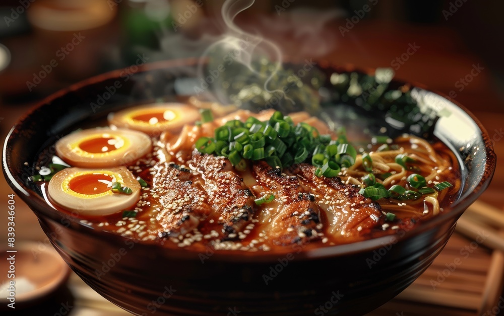 Sticker Close-up of a steaming bowl of ramen with pork belly, eggs, and green onions