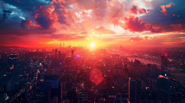 cyberpunk city at sundown, aerial view, digital art style 