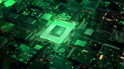 Obraz premium the top view, Artificial General Intelligence as a super computer made up of many chips and electronic circuits, no humans, transparent,minimalism,glowing chip, close-up shot,No tilt, green, digital, 