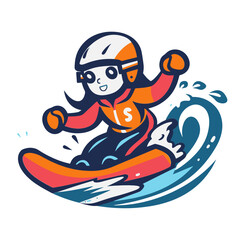 Fototapeta premium Colorful cartoon illustration of a girl surfing with excitement. Perfect for adventure sports, cartoons, and graphic design projects.
