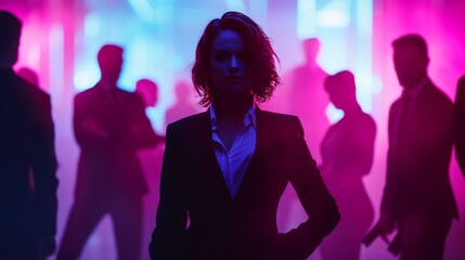 Leader: Portrait of a woman in a business suit standing against a blurred background of a group of people and inspiring them with her authority and confidence. ::3 synthwave ::3 --no text --ar 16:9 -