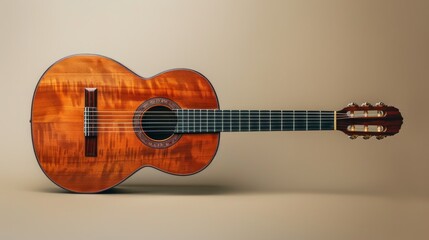 A classic acoustic guitar with a wooden body and strings on a tan background