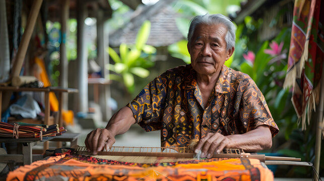 Portrait of a middle-aged man in traditional Indonesian batik shirt, weaving intricate patterns in a serene courtyard, surrounded by colorful textiles
