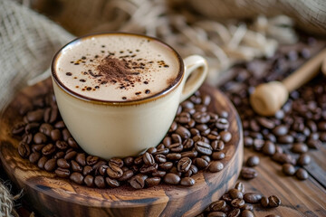 Cosmic flavor of coffee in cup. Cappuccino coffee with Latte Art in form of milky way on dark background. Coffee shop advertisement