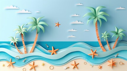 A serene tropical beach scene with palm trees, starfish, and gentle waves in a vibrant, playful style.