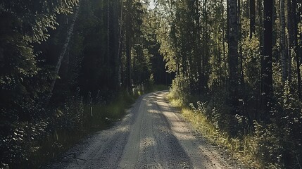 Gravel road cutting through a dense forest, close-up, dappled sunlight filtering through trees, no people