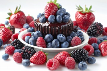 Obraz premium Fresh berry medley with strawberries, blueberries, blackberries, and raspberries on a white plate, showcasing a vibrant and healthy fruit dish
