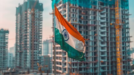 a colorful Indian flag waving in air on a flag pole. Series of construction activities happening in the background. depth of field. --ar 16:9 --stylize 250 Job ID: 0573d52b-e8e5-462f-9df0-ca634bb96a87