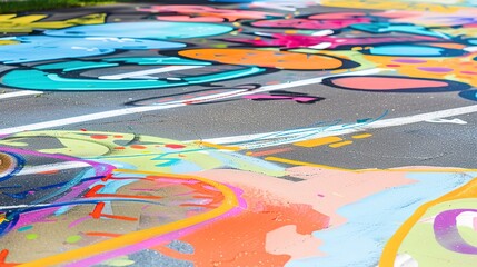 Street art on urban asphalt, close-up, colorful graffiti painted on the road, expressive city culture, no humans 
