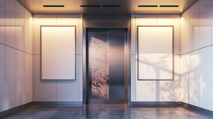 two vertical poster mockups hanging in elevator 3d rendering