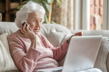 Obraz premium Senior woman engaging with laptop, shopping online, and making calls, highlighting the significance of digital literacy for the elderly