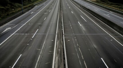Close-up of an empty highway with lane markings stretching into the distance, silent and clear, no cars, no humans