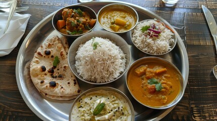 A traditional Indian thali meal with a variety of dishes including dal, rice, vegetable curry, yogurt, and papadum