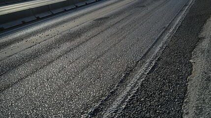 Naklejka premium Asphalt texture of an empty motorway, close-up, detailed view of materials and construction, no traffic, no humans 