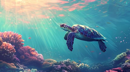 Obraz premium underwater turtle swimming gracefully through sunlit ocean colorful coral reef background ai generated