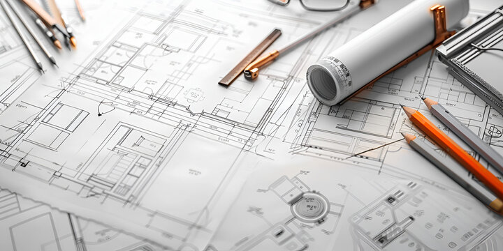 Architectural blueprints and drafting tools laid out for a detailed building plan" | "Precision and planning in architecture depicted through blueprints and professional tools"

