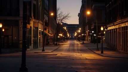 Deserted city street at dawn, close-up, streetlights still on, empty sidewalks, urban solitude, no humans 