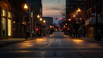 Naklejka premium Deserted city street at dawn, close-up, streetlights still on, empty sidewalks, urban solitude, no humans 