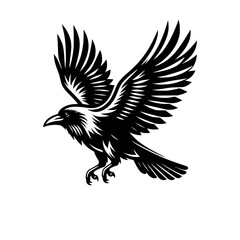 Vector logo of a flying raven. black and white illustration of a crow isolated on a white background.  can be used as an emblem, logo, or tattoo.