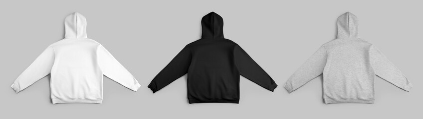 Template of white, black, heather oversized hoodie for design, print, pattern, branding, back view....