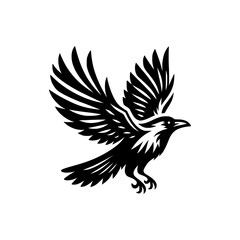 Vector logo of a flying raven. black and white illustration of a crow isolated on a white background.  can be used as an emblem, logo, or tattoo.