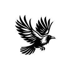 Vector logo of a flying raven. black and white illustration of a crow isolated on a white background.  can be used as an emblem, logo, or tattoo.